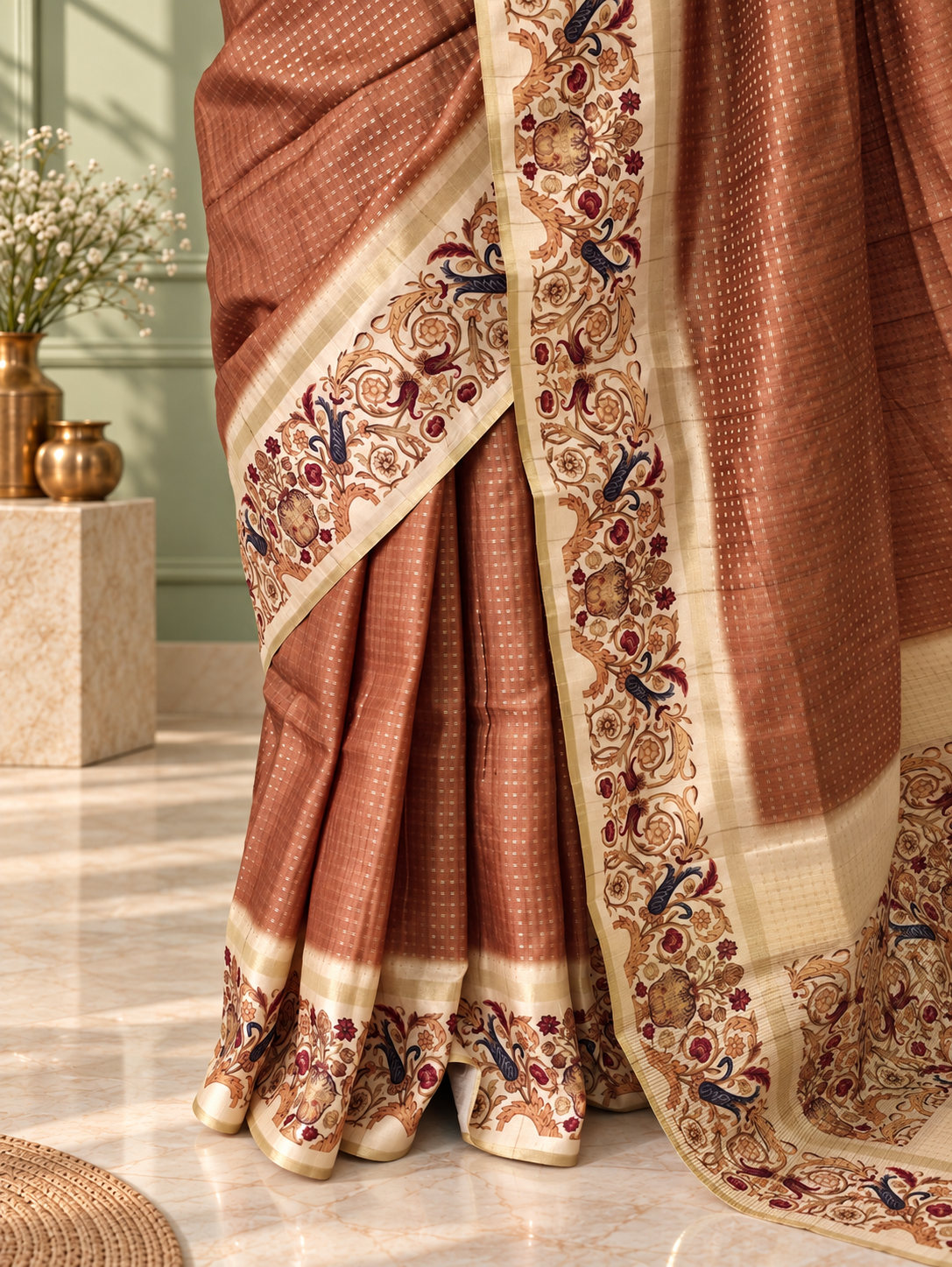 ornate floral border taupe brown tussar silk saree