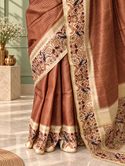 Ornate Floral Border Taupe Brown Tussar Silk Saree