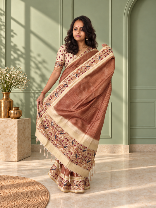 Ornate Floral Border Taupe Brown Tussar Silk Saree