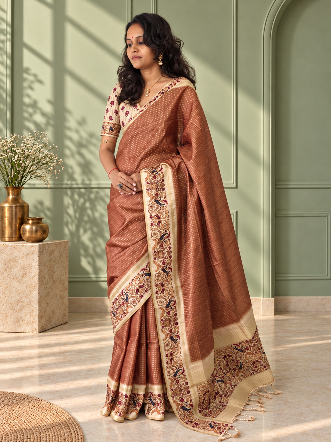 Ornate Floral Border Taupe Brown Tussar Silk Saree