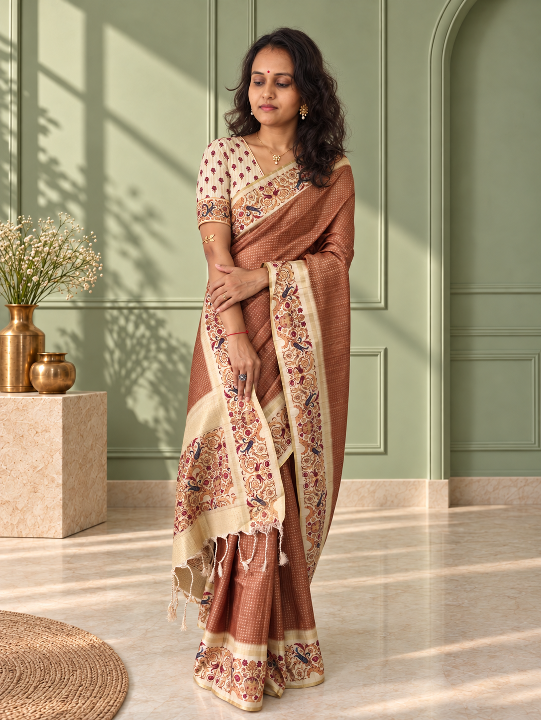 ornate floral border taupe brown tussar silk saree