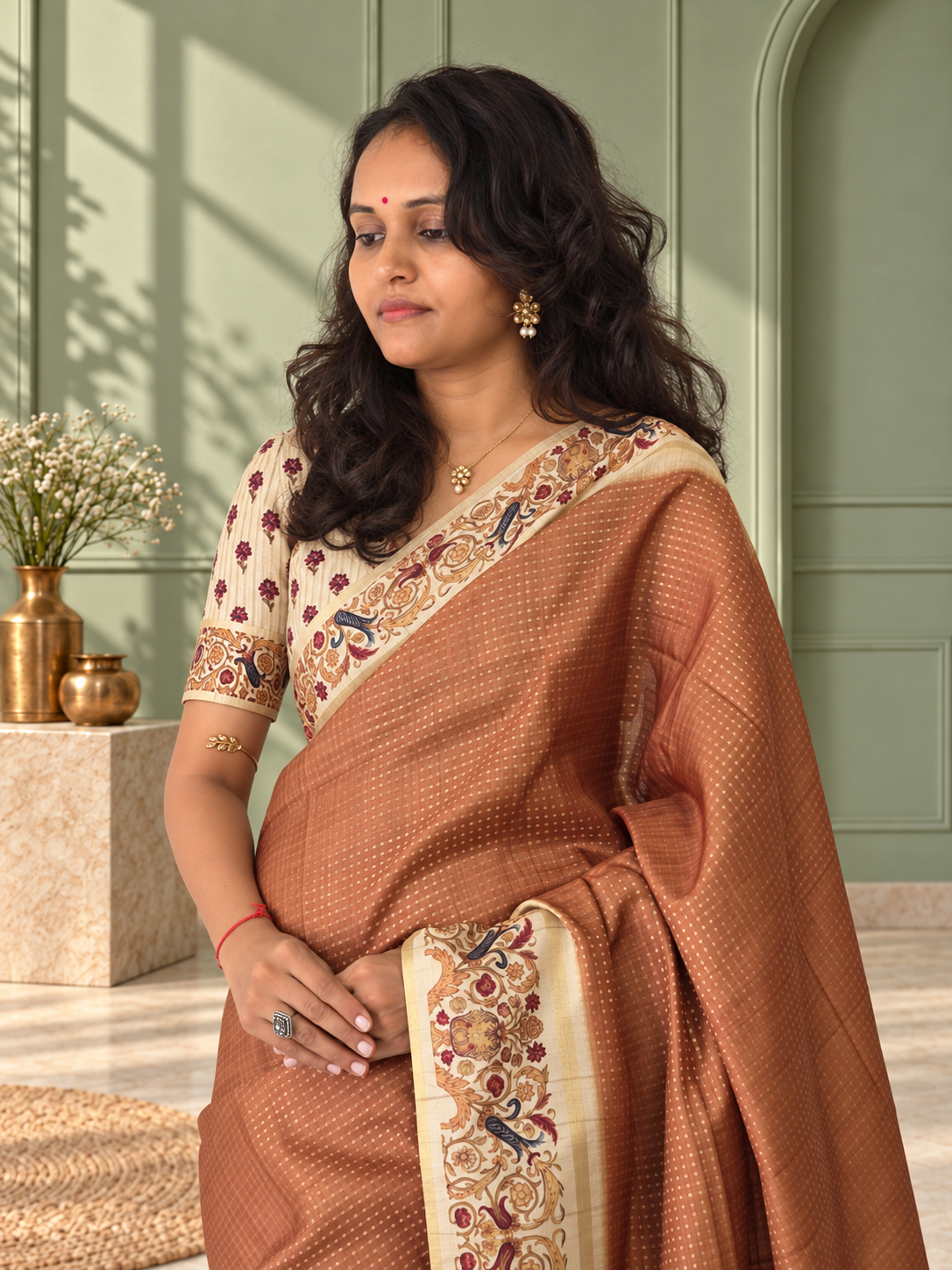 Ornate Floral Border Taupe Brown Tussar Silk Saree