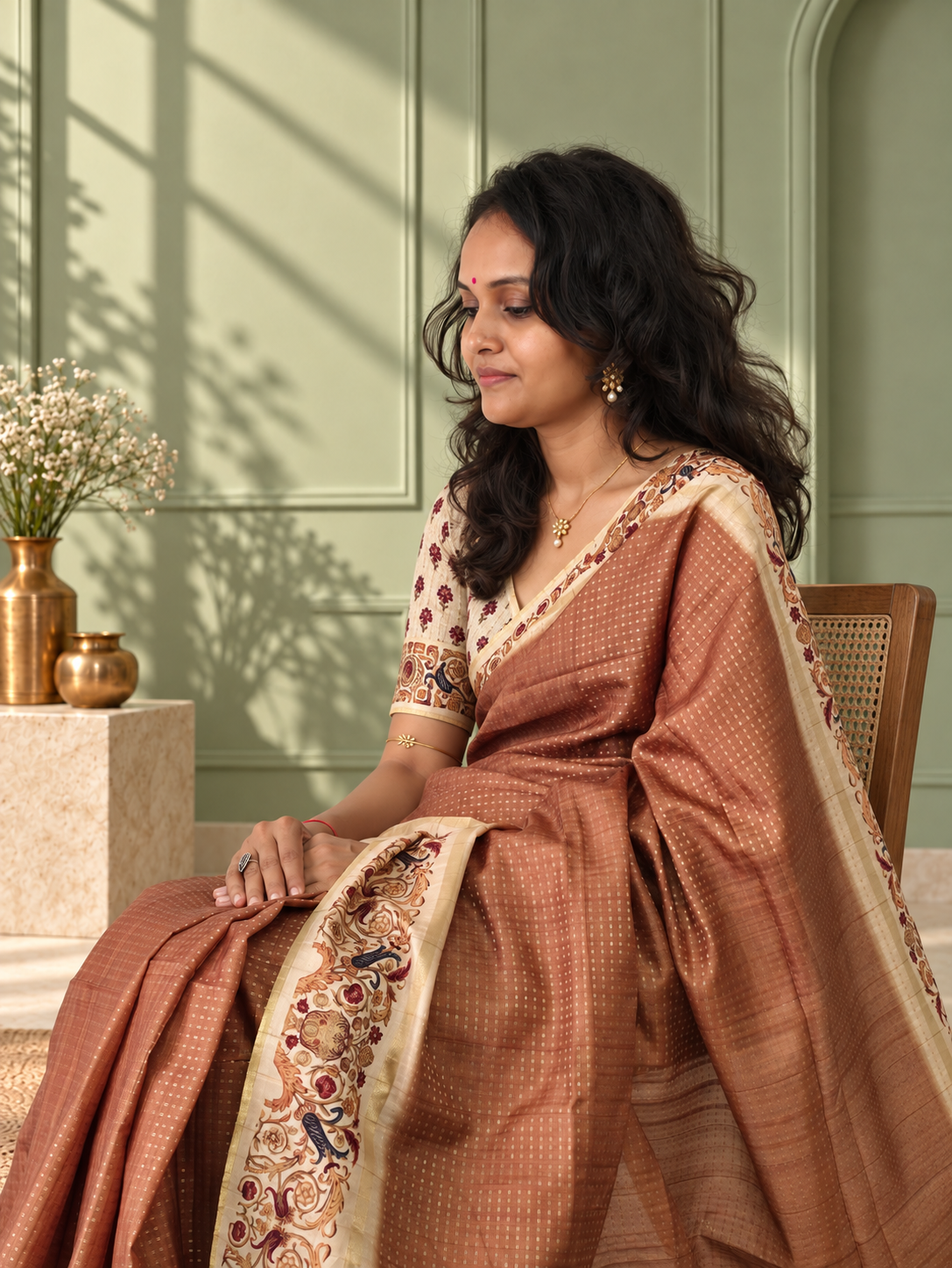 ornate floral border taupe brown tussar silk saree