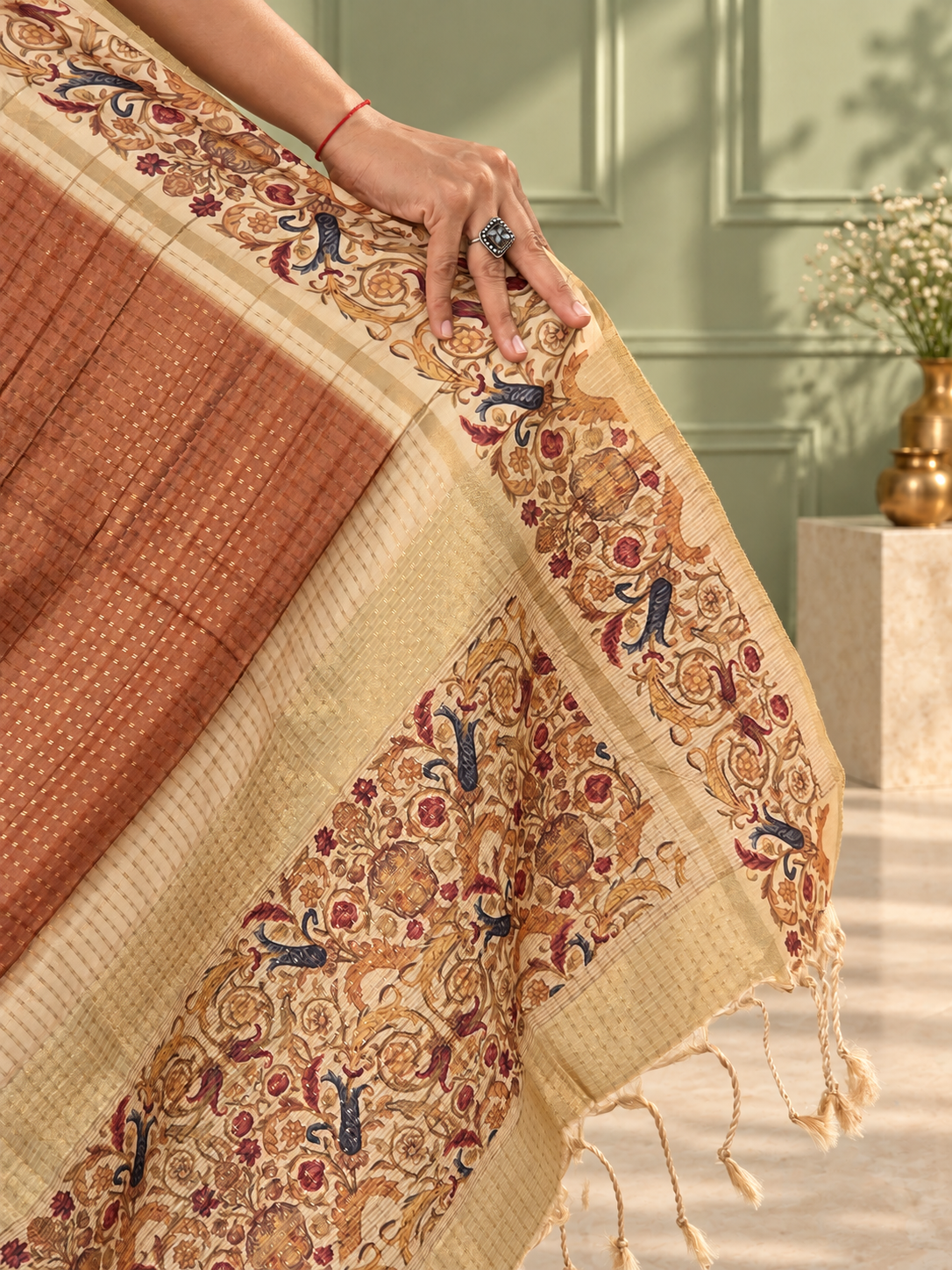 ornate floral border taupe brown tussar silk saree