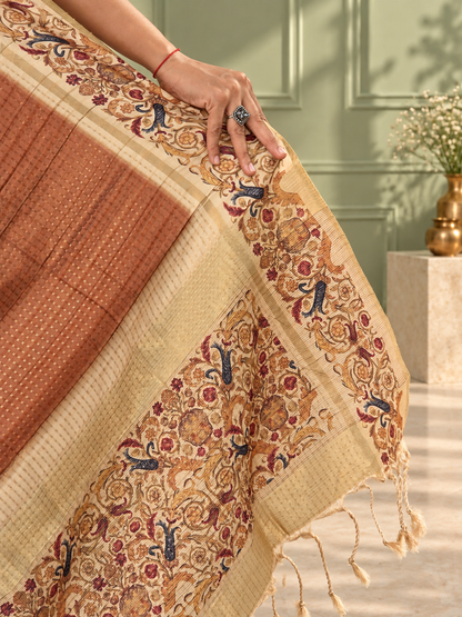 Ornate Floral Border Taupe Brown Tussar Silk Saree
