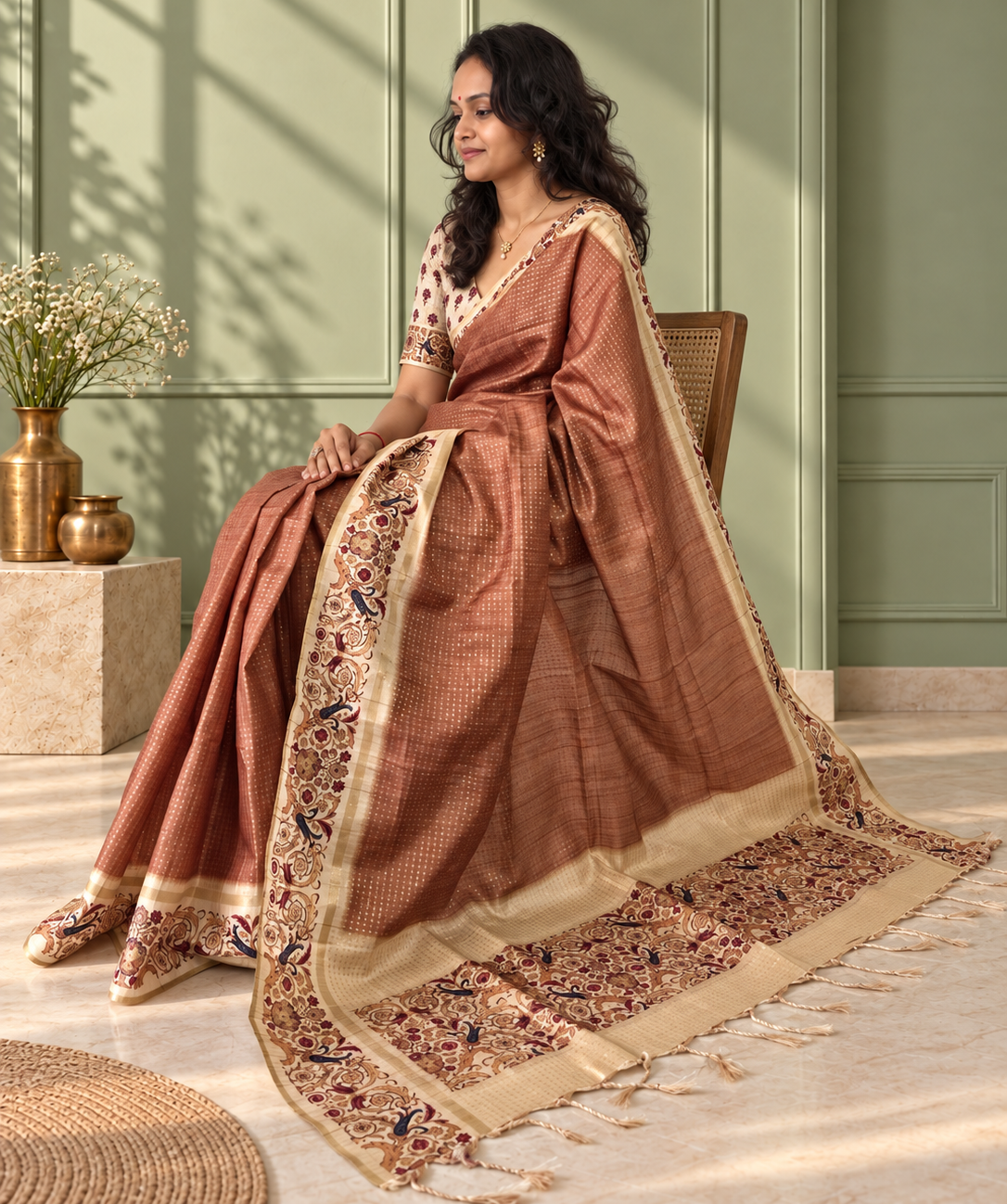 Ornate Floral Border Taupe Brown Tussar Silk Saree