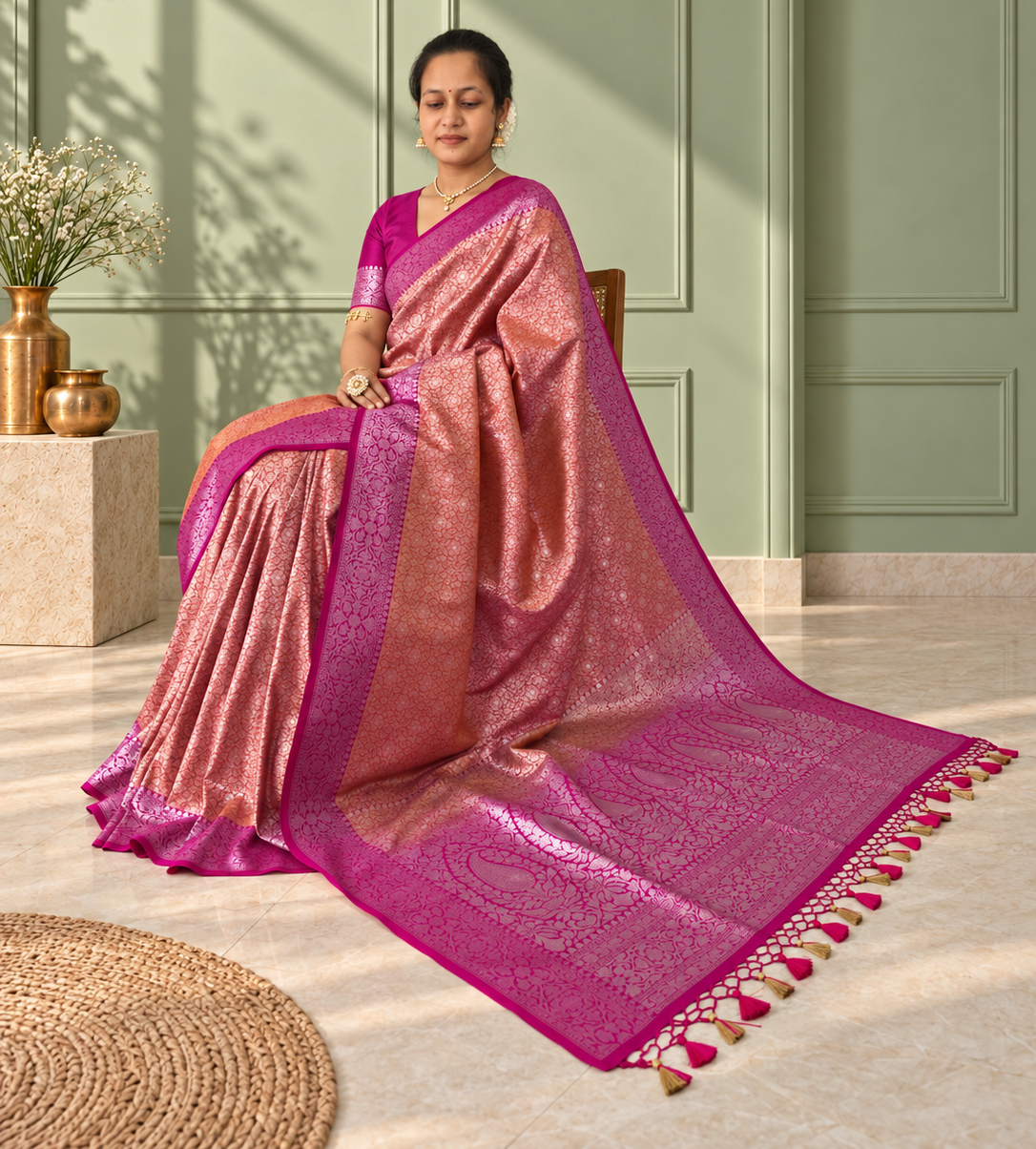 orange crepe jaal silk saree with contrasting floral border