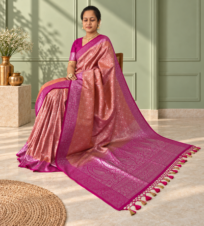 Orange Crepe Jaal Silk Saree with Contrasting Floral Border