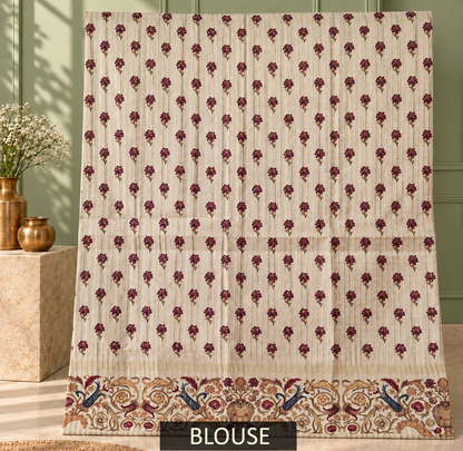 Ornate Floral Border Taupe Brown Tussar Silk Saree