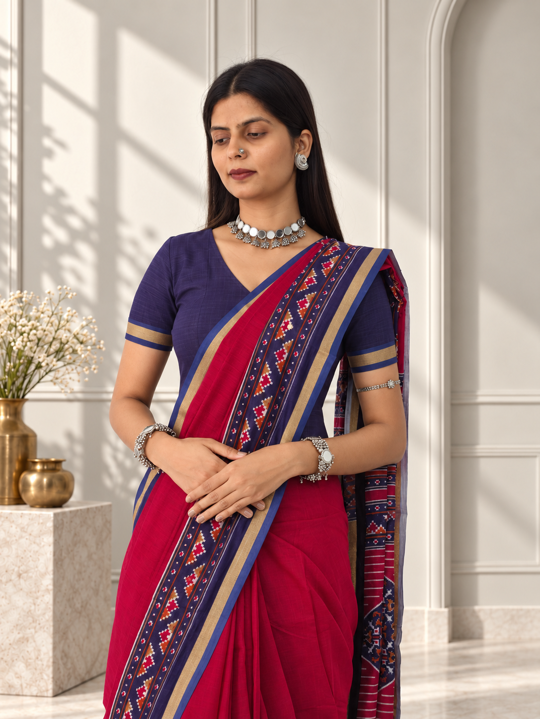 Red Blue Kasuthi Hand Embroidered Ilkal Handwoven Cotton Saree