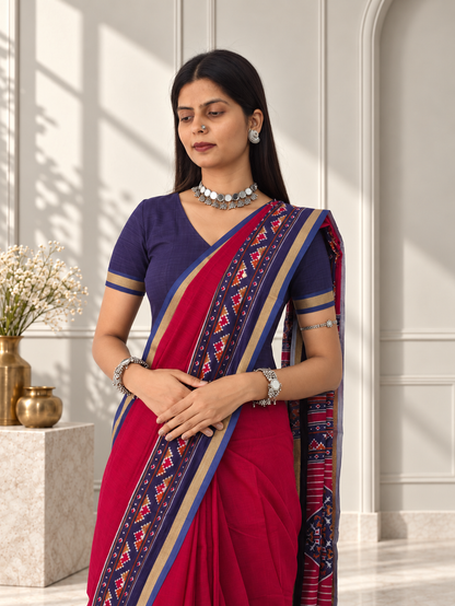 Red Blue Kasuthi Hand Embroidered Ilkal Handwoven Cotton Saree