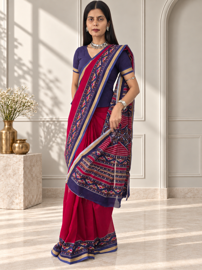 Red Blue Kasuthi Hand Embroidered Ilkal Handwoven Cotton Saree