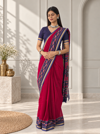 Red Blue Kasuthi Hand Embroidered Ilkal Handwoven Cotton Saree