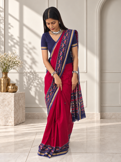 Red Blue Kasuthi Hand Embroidered Ilkal Handwoven Cotton Saree