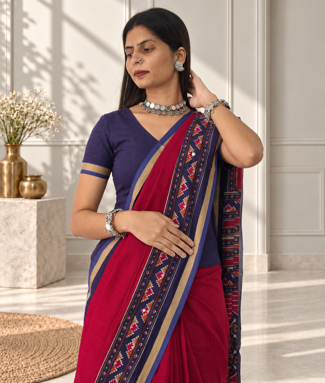 red blue kasuthi hand embroidered ilkal handwoven cotton saree