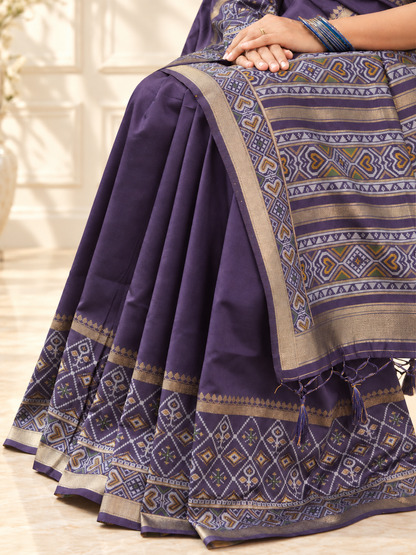 Dark Plum Silk Gala Patola Broad Border Saree