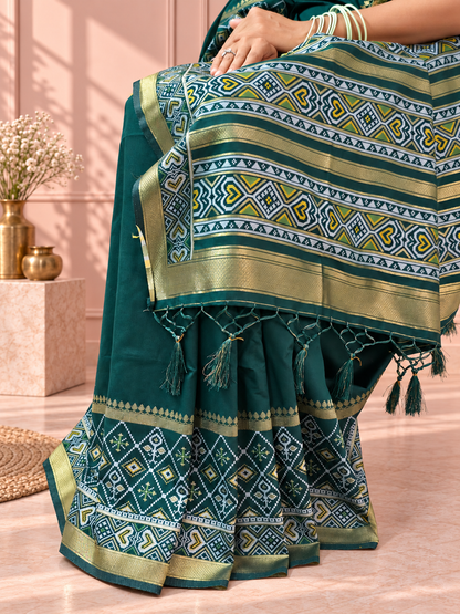 Bottle Green Silk Gala Patola Broad Border Saree