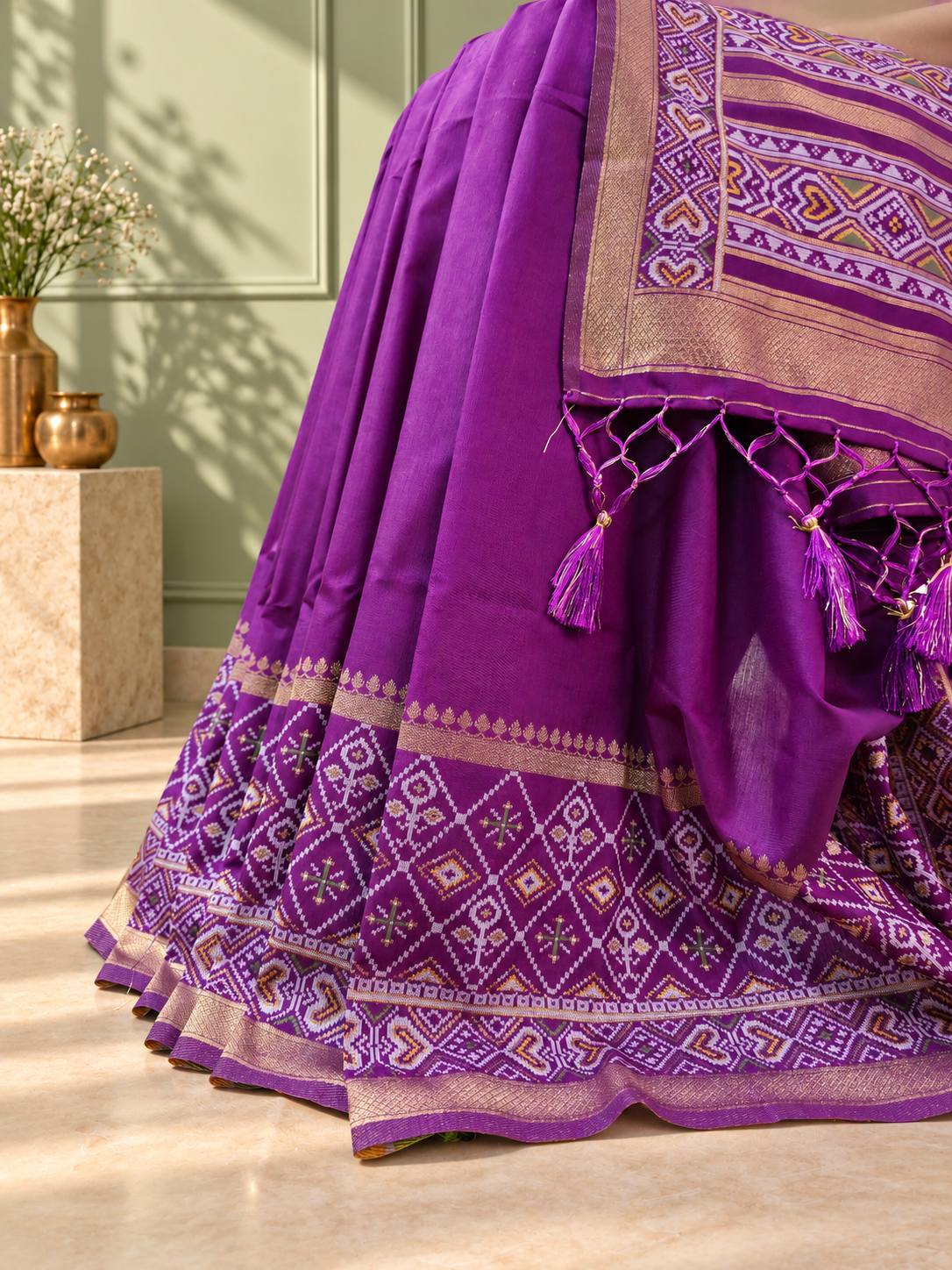 purple silk gala patola broad border saree