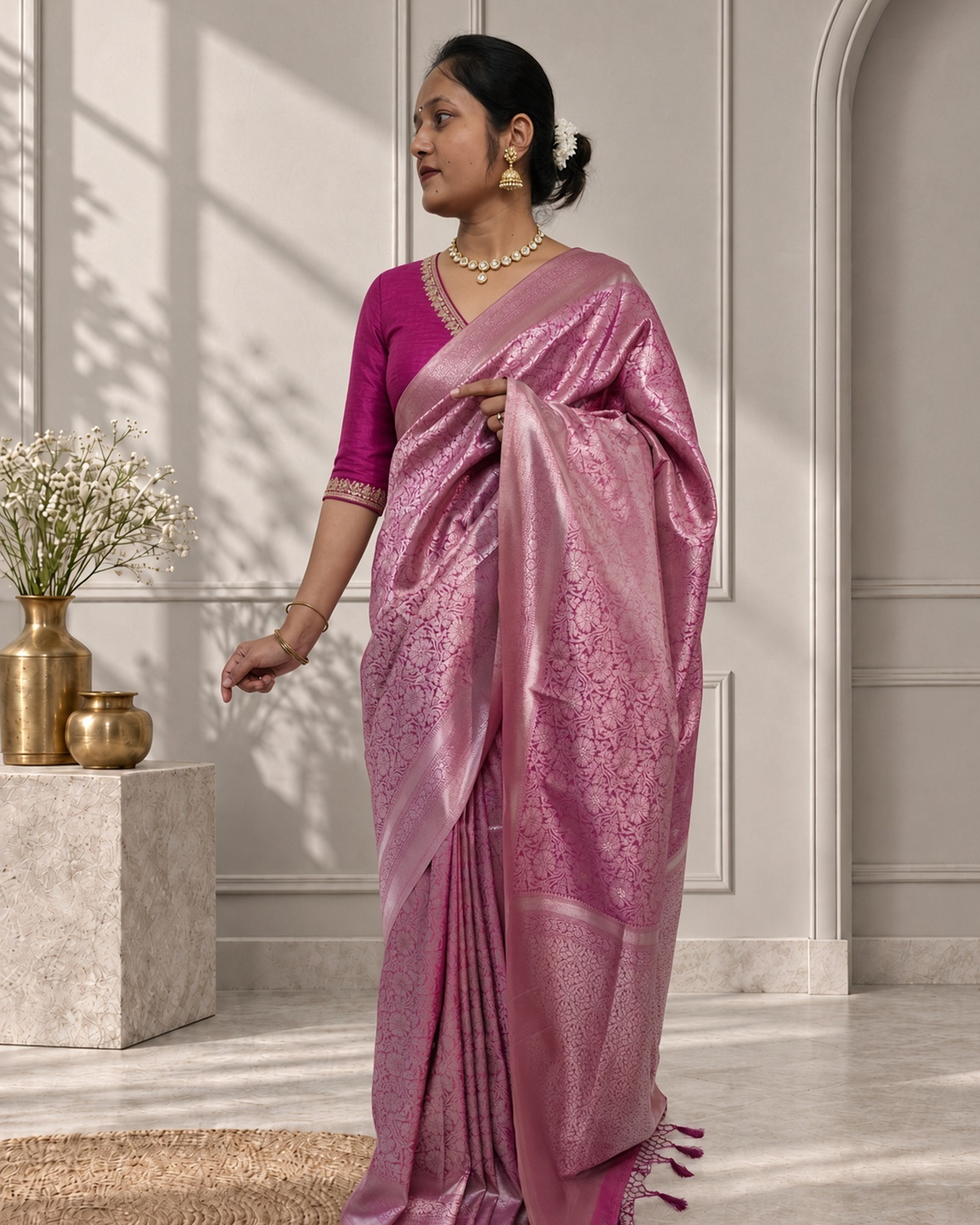 rose pink banarasi silk saree with floral jaal & rich woven border