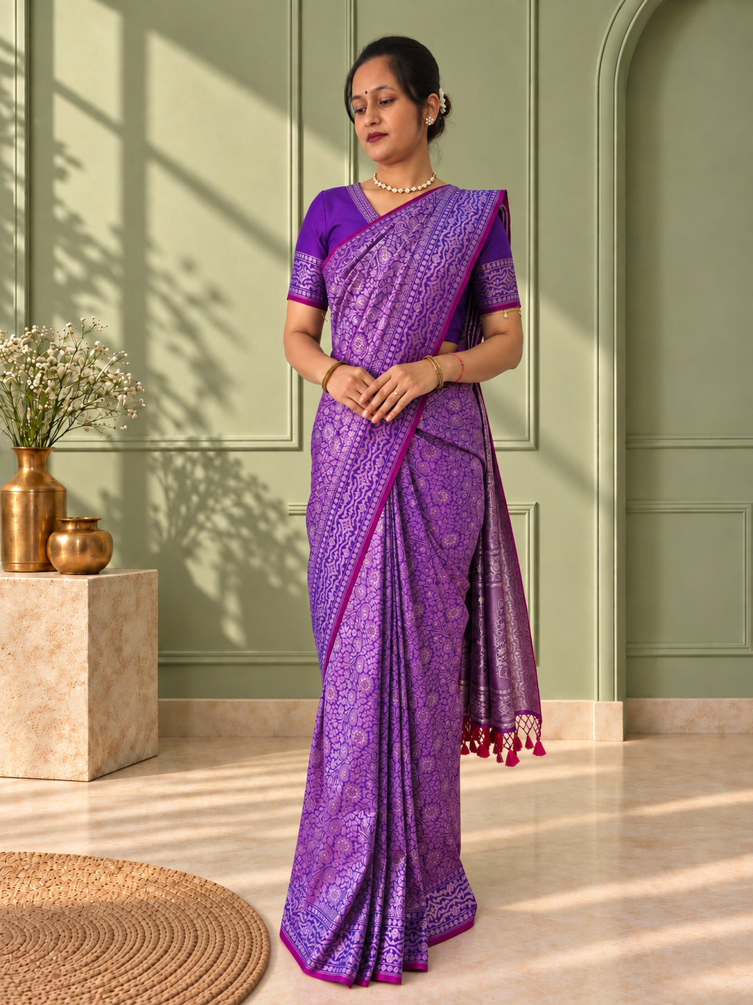 Purple Crepe Jaal Silk Saree with Matching Floral Border
