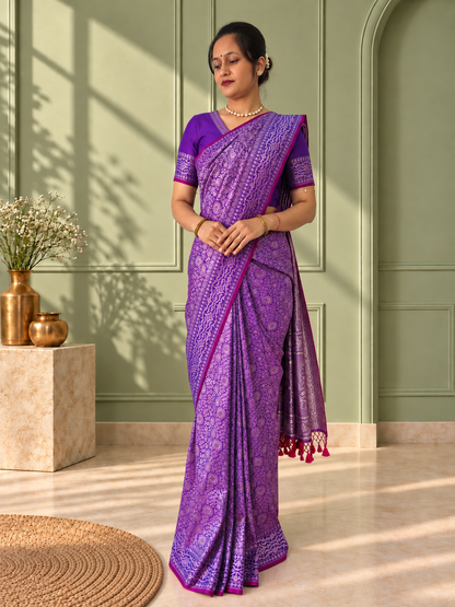 Purple Crepe Jaal Silk Saree with Matching Floral Border