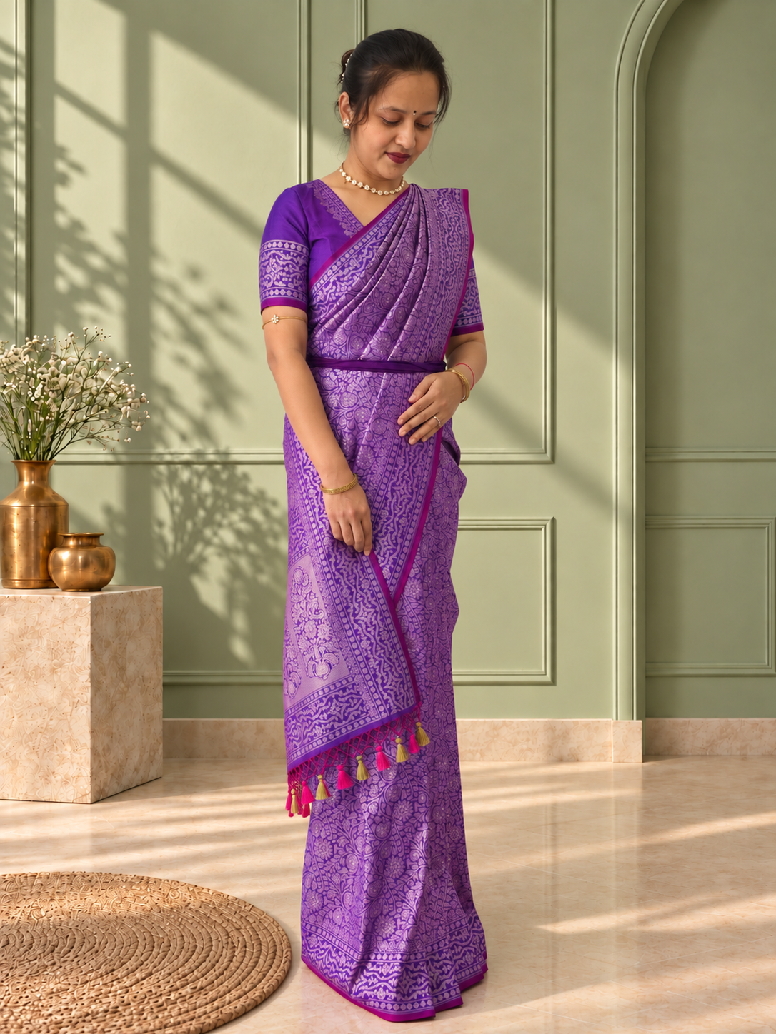 purple crepe jaal silk saree with matching floral border