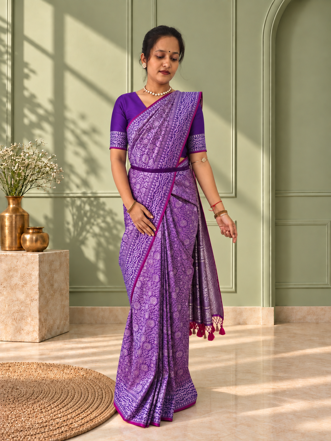 purple crepe jaal silk saree with matching floral border