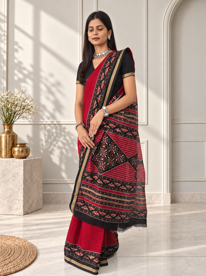 Red Black Kasuthi Hand Embroidered Ilkal Handwoven Cotton Saree