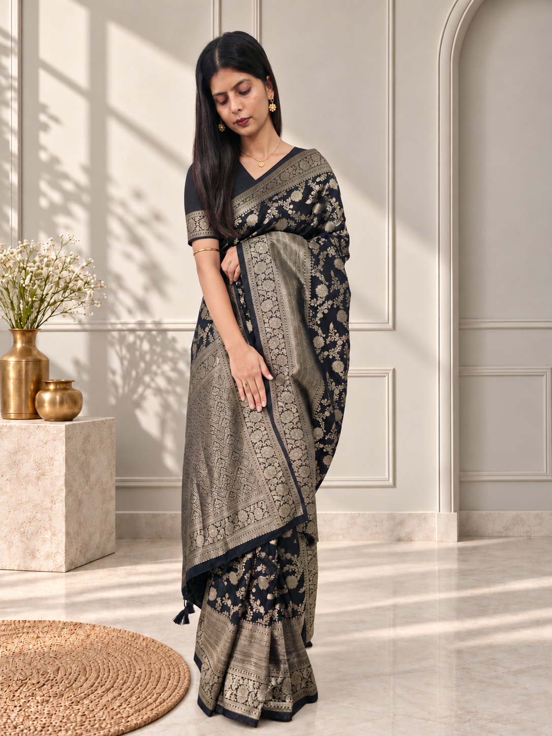 Black Pure Katan Silk Banarasi Handloom Saree