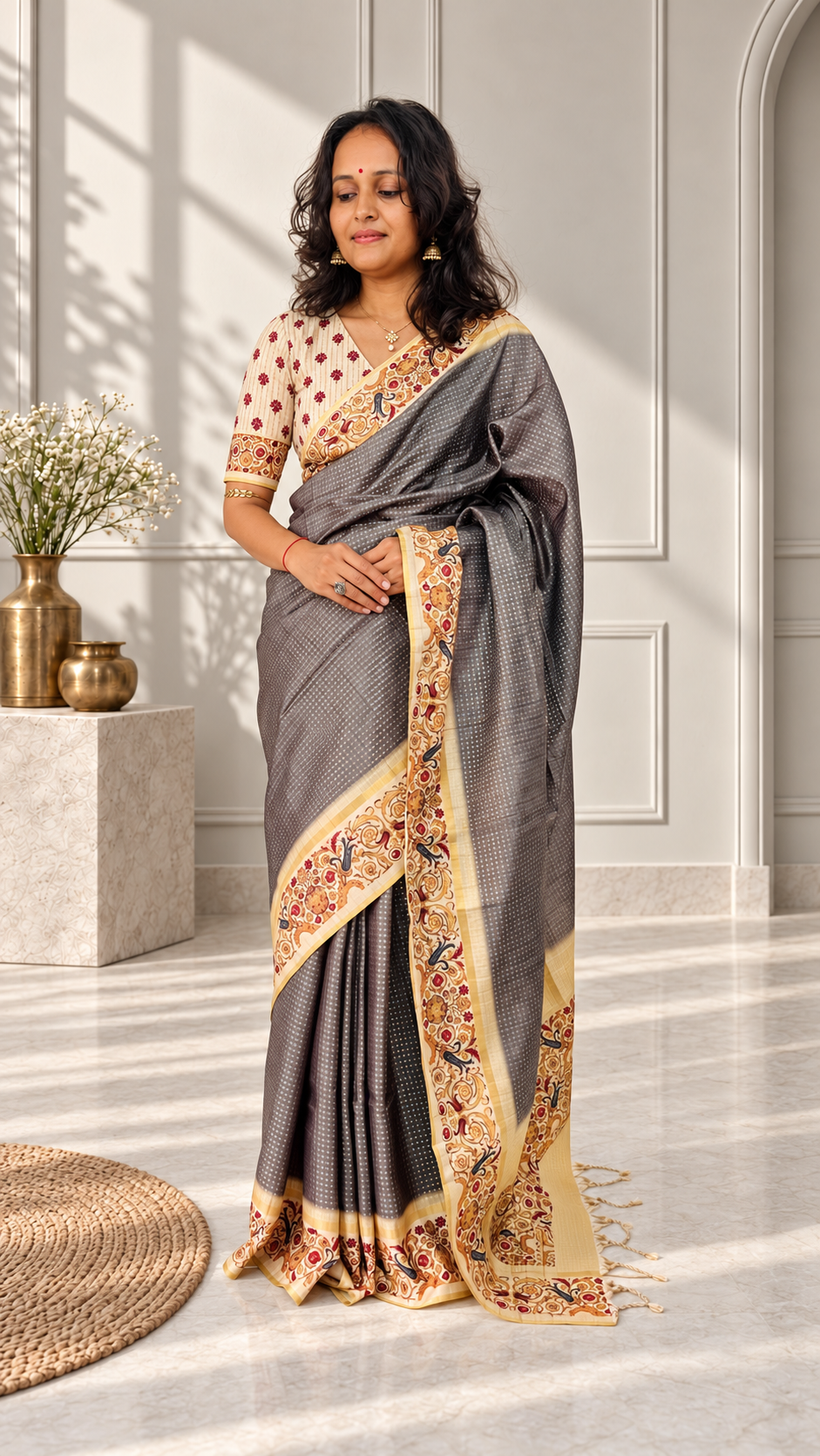 ornate floral border charcoal grey tussar silk saree