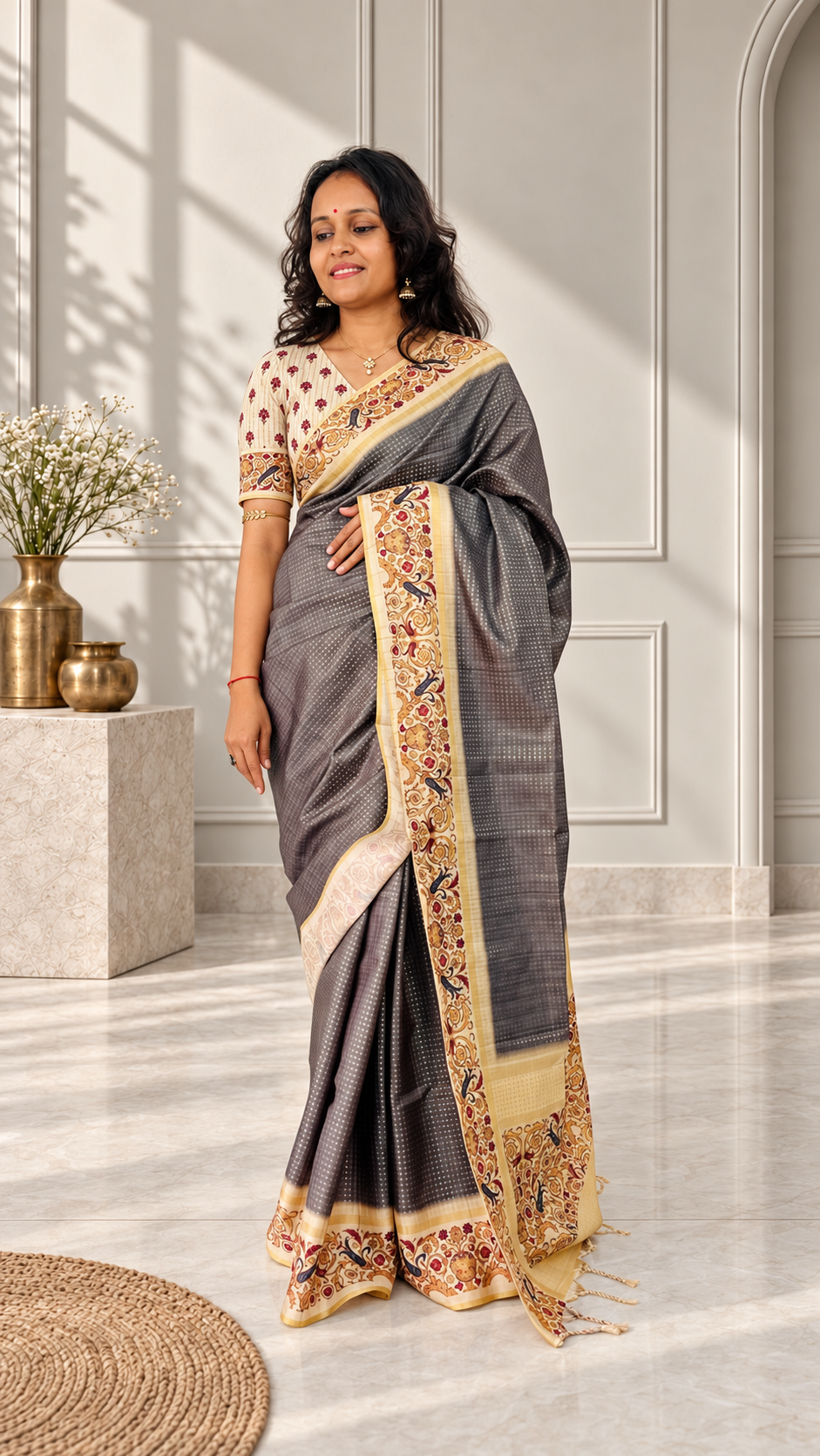 Ornate Floral Border Charcoal Grey Tussar Silk Saree