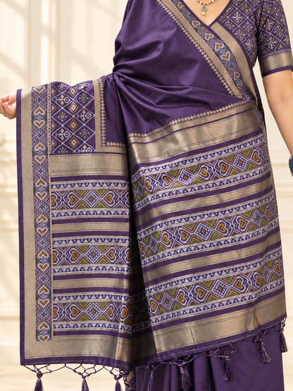 Dark Plum Silk Gala Patola Broad Border Saree