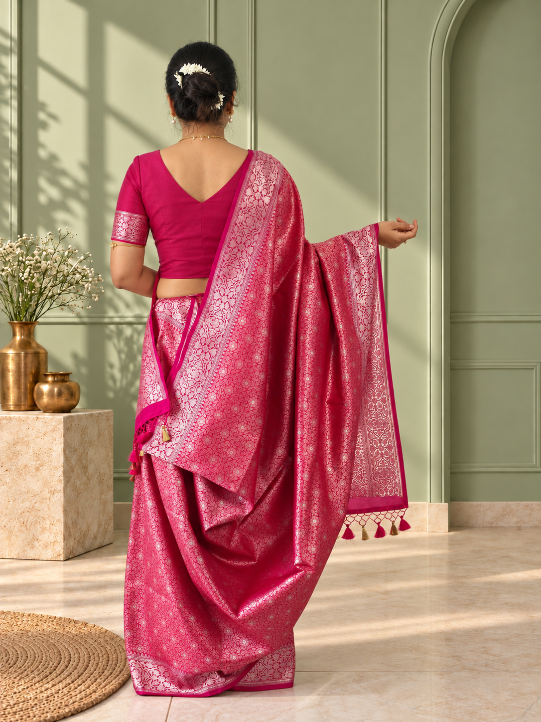 Pink Crepe Jaal Silk Saree with Contrasting Floral Border