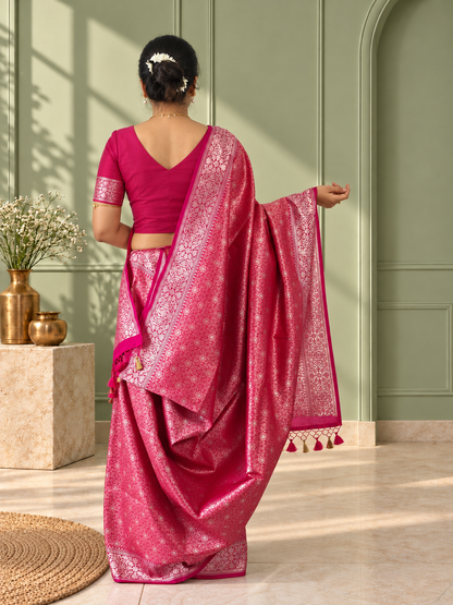 Pink Crepe Jaal Silk Saree with Contrasting Floral Border