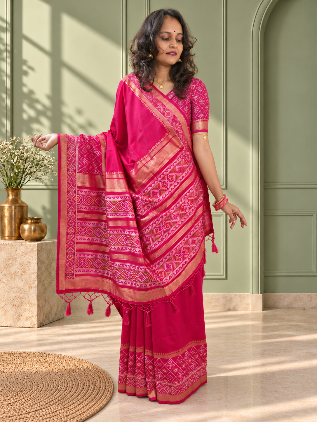 rani pink silk gala patola broad border saree