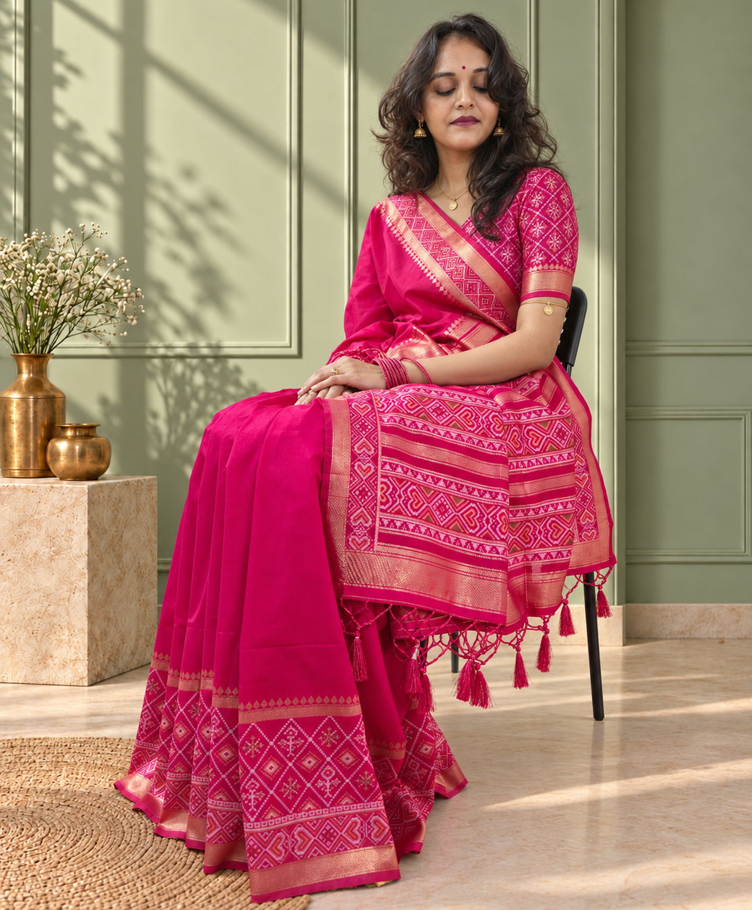 rani pink silk gala patola broad border saree