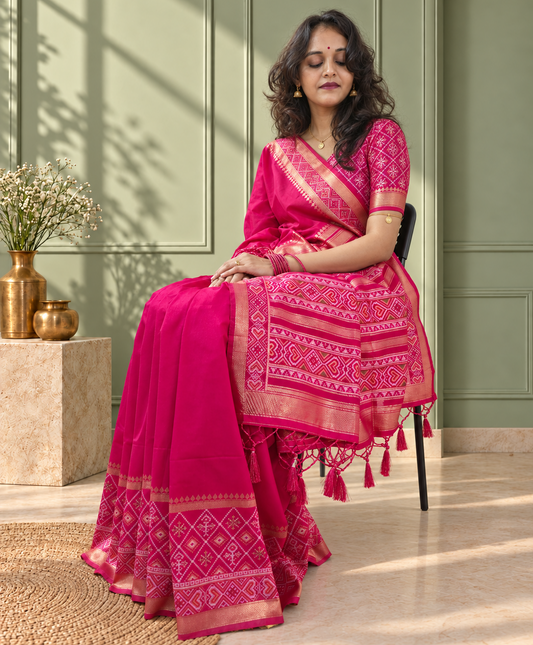 Rani Pink Silk Gala Patola Broad Border Saree