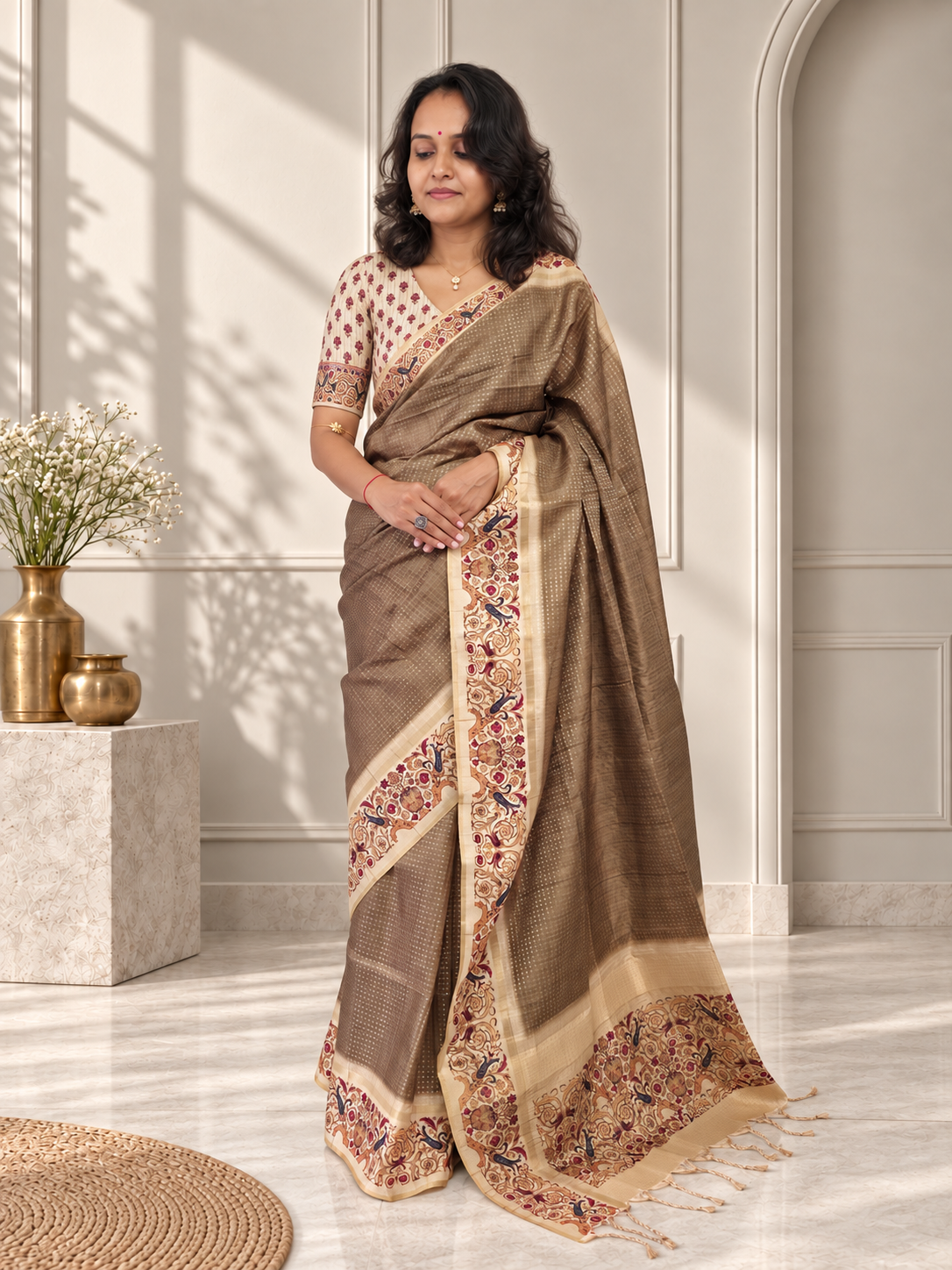 Ornate Floral Border Muted Olive Green Tussar Silk Saree