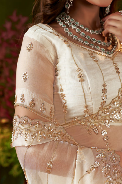 Embellished floral scalloped border on Ivory White Tissue Silk Saree