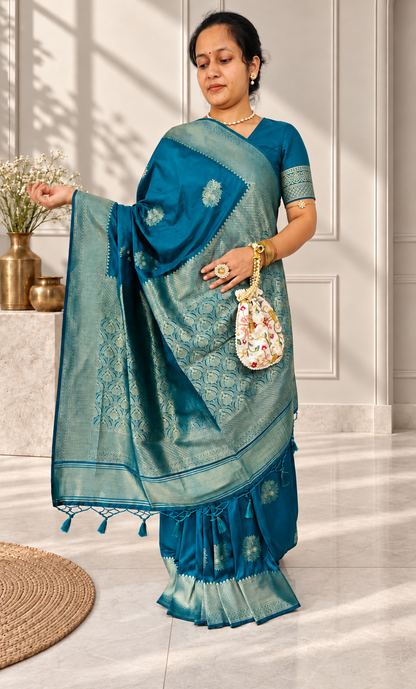 Peacock Blue Silk Butta Saree with Rich Woven Border