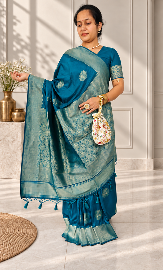 Peacock Blue Silk Butta Saree with Rich Woven Border