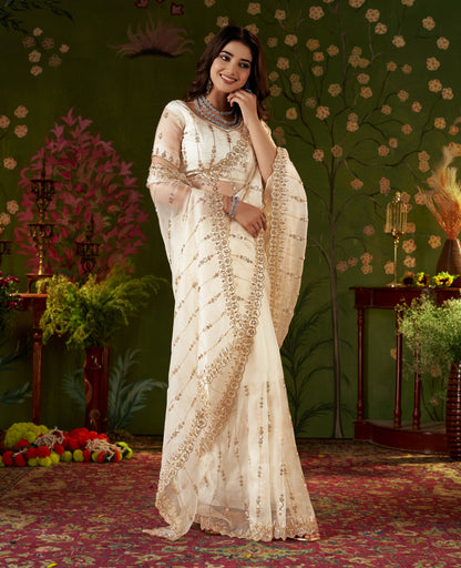 Folded Ivory White Floral Tissue Silk Saree with Hand Work