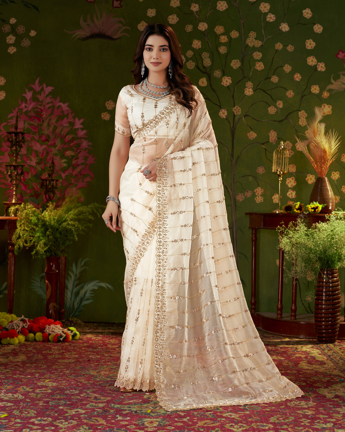 full view of ivory white floral tissue silk saree with hand work