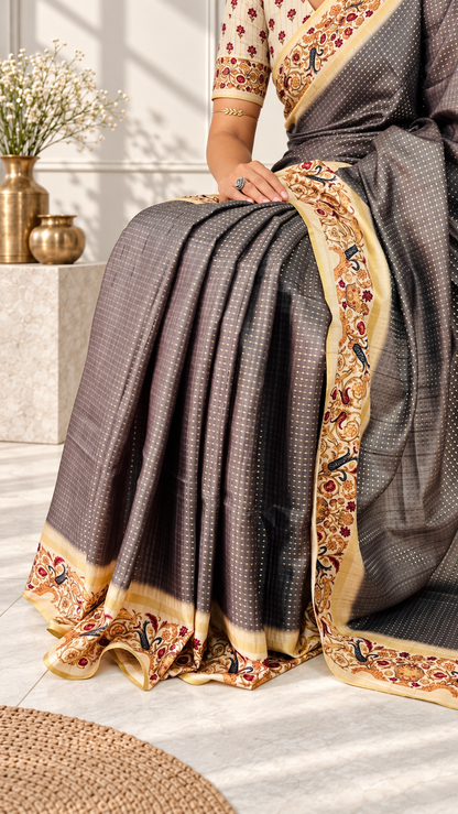 Ornate Floral Border Charcoal Grey Tussar Silk Saree