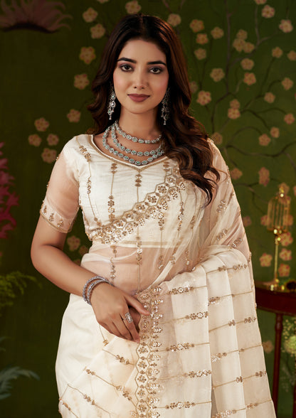 Half view of Ivory White Floral Tissue Silk Saree with Floral Hand Work