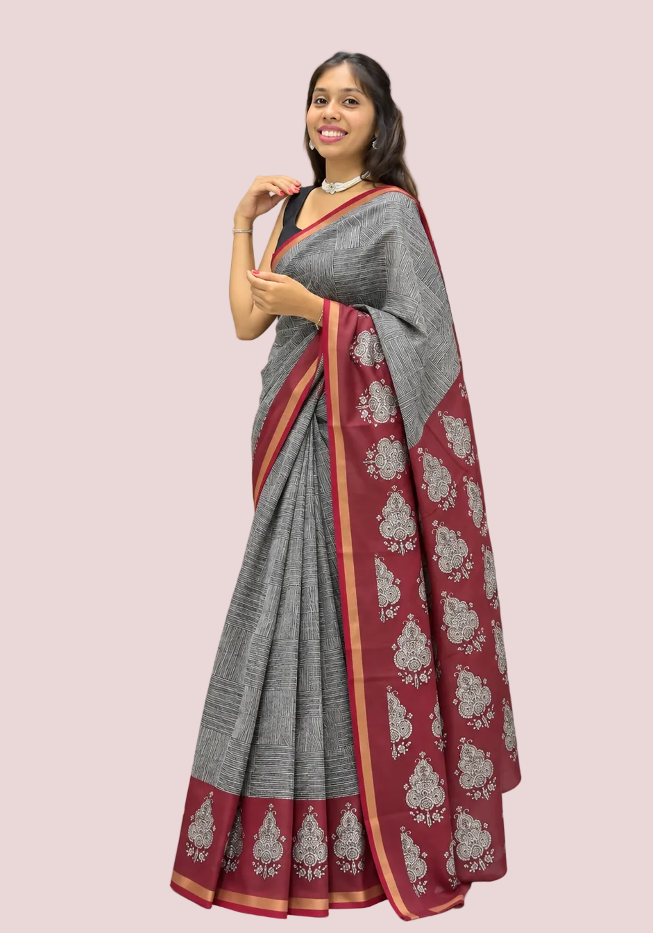 black maroon maheshwari cotton saree with hand block print
