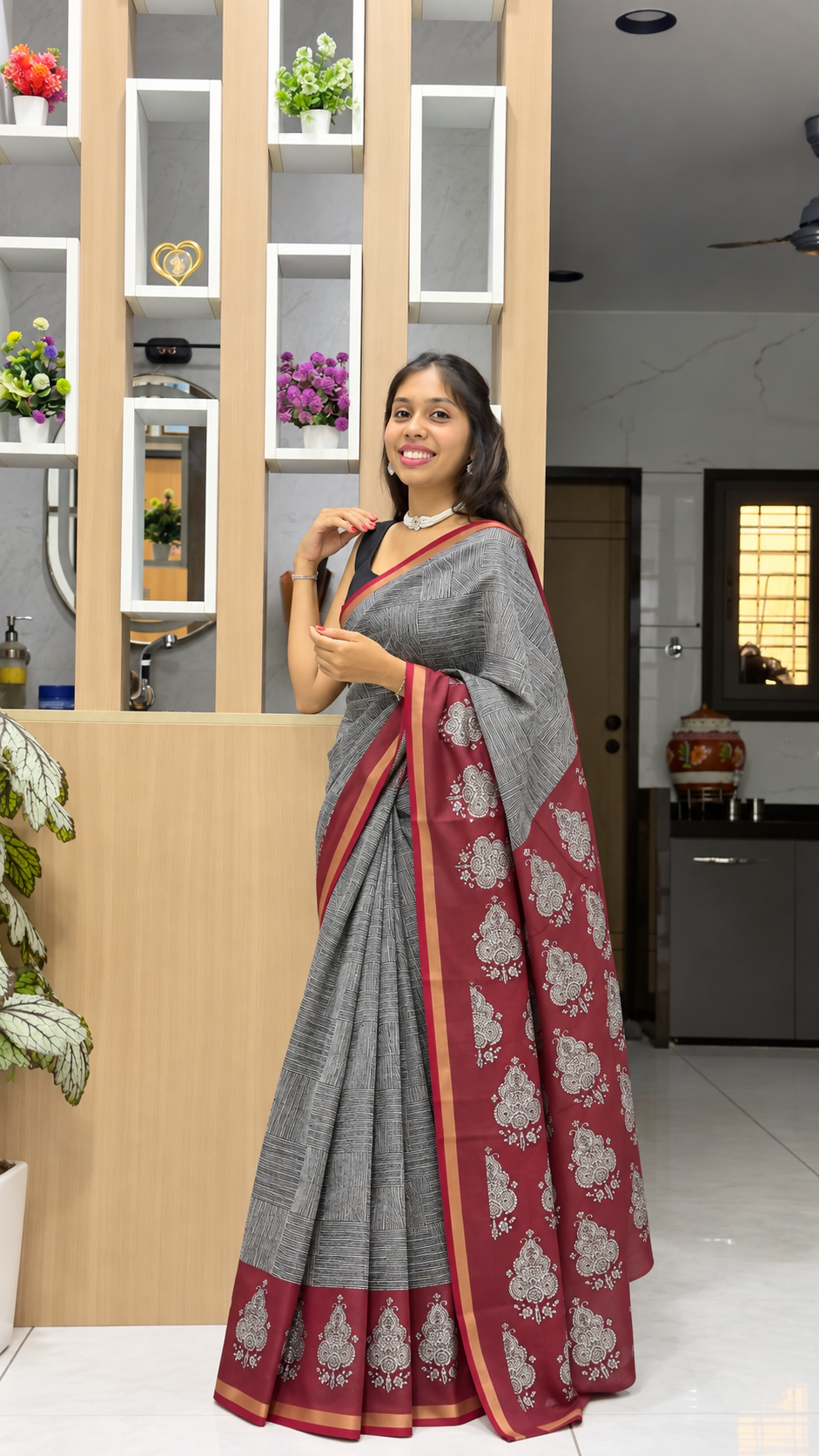 black maroon maheshwari cotton saree with hand block print