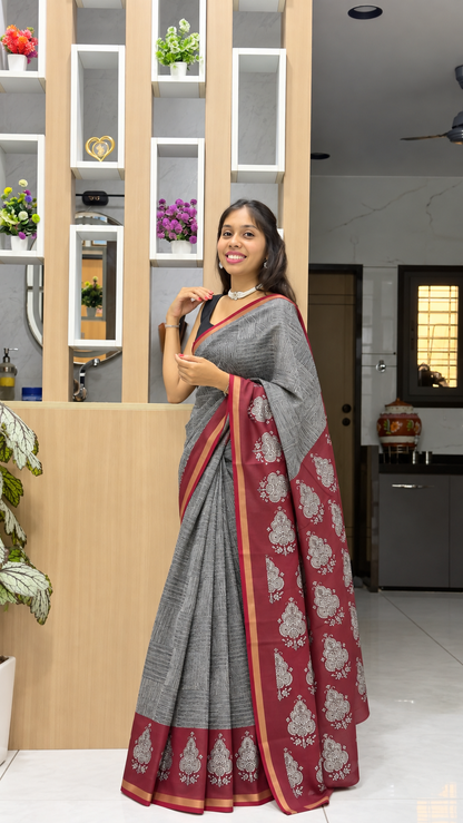 Black Maroon Maheshwari Cotton Saree with Hand Block Print