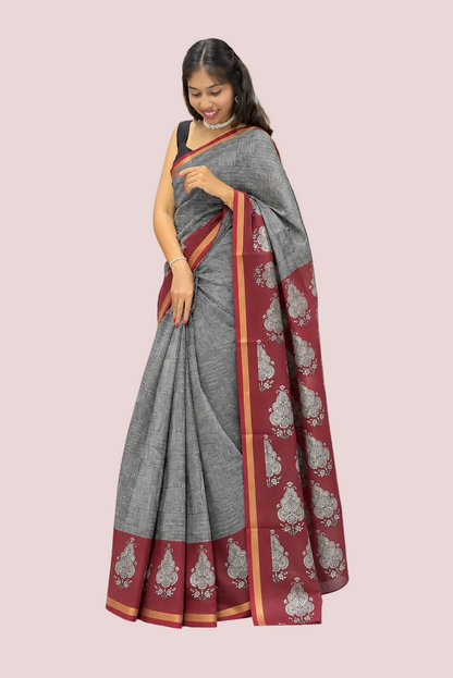 Black Maroon Maheshwari Cotton Saree with Hand Block Print