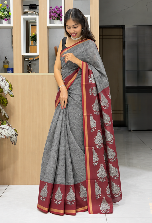 Black Maroon Maheshwari Cotton Saree with Hand Block Print